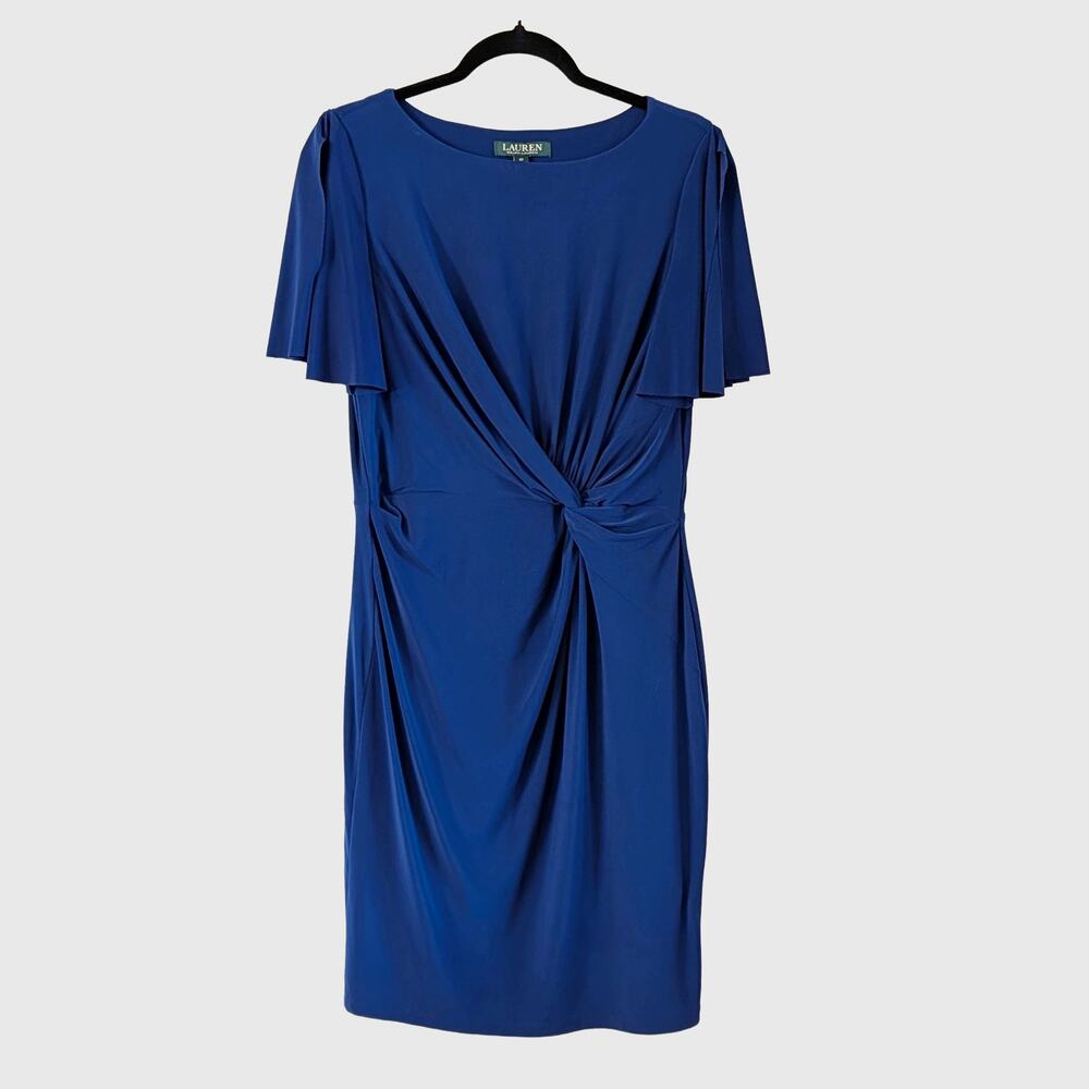 Lauren Ralph Lauren Blue Twist Front Sheath Dress Size 10 Cape Sleeve